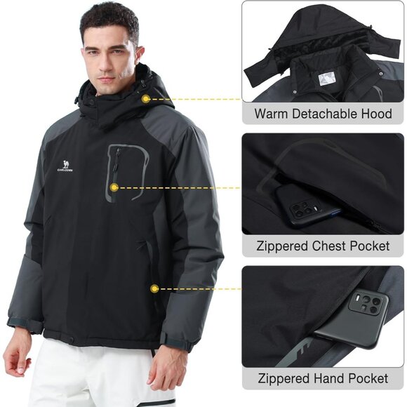 Men's Ski Snow Jacket Waterproof Winter Snow Coat Windproof Warm Fleece Lining H - Picture 6 of 7